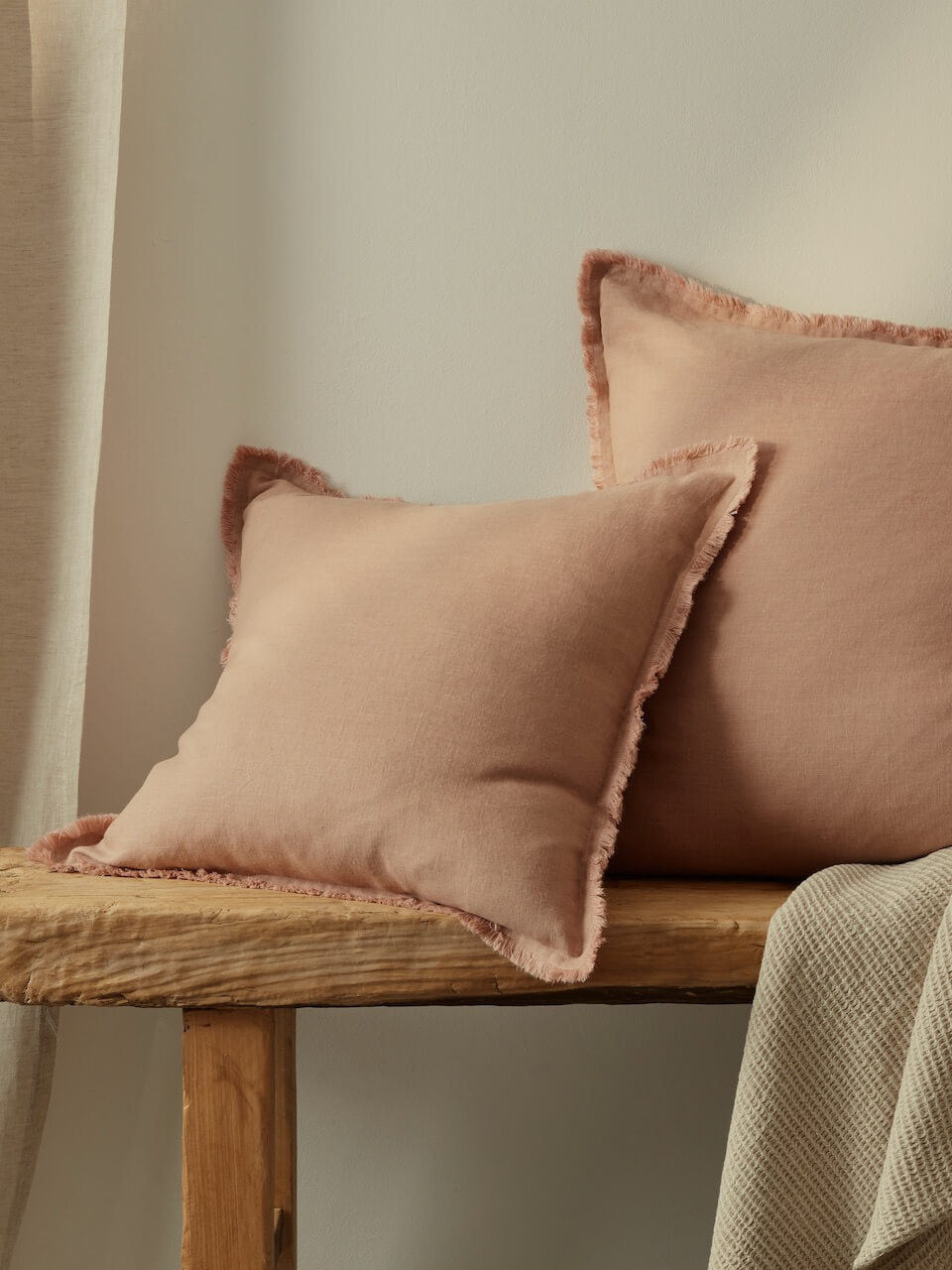 Housse de coussin en lin à franges Café Crème