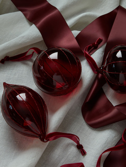 Lot de 3 boules de Noël en verre bordeaux pailleté