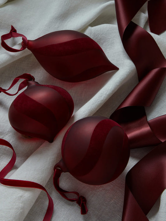 Lot de 3 boules de Noël en verre bordeaux à tourbillons de velours