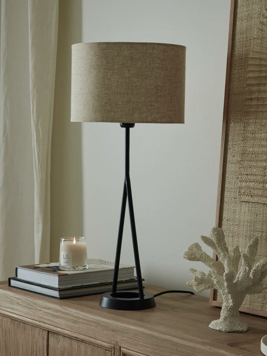 Lampe de table noire Zia avec abat-jour naturel
